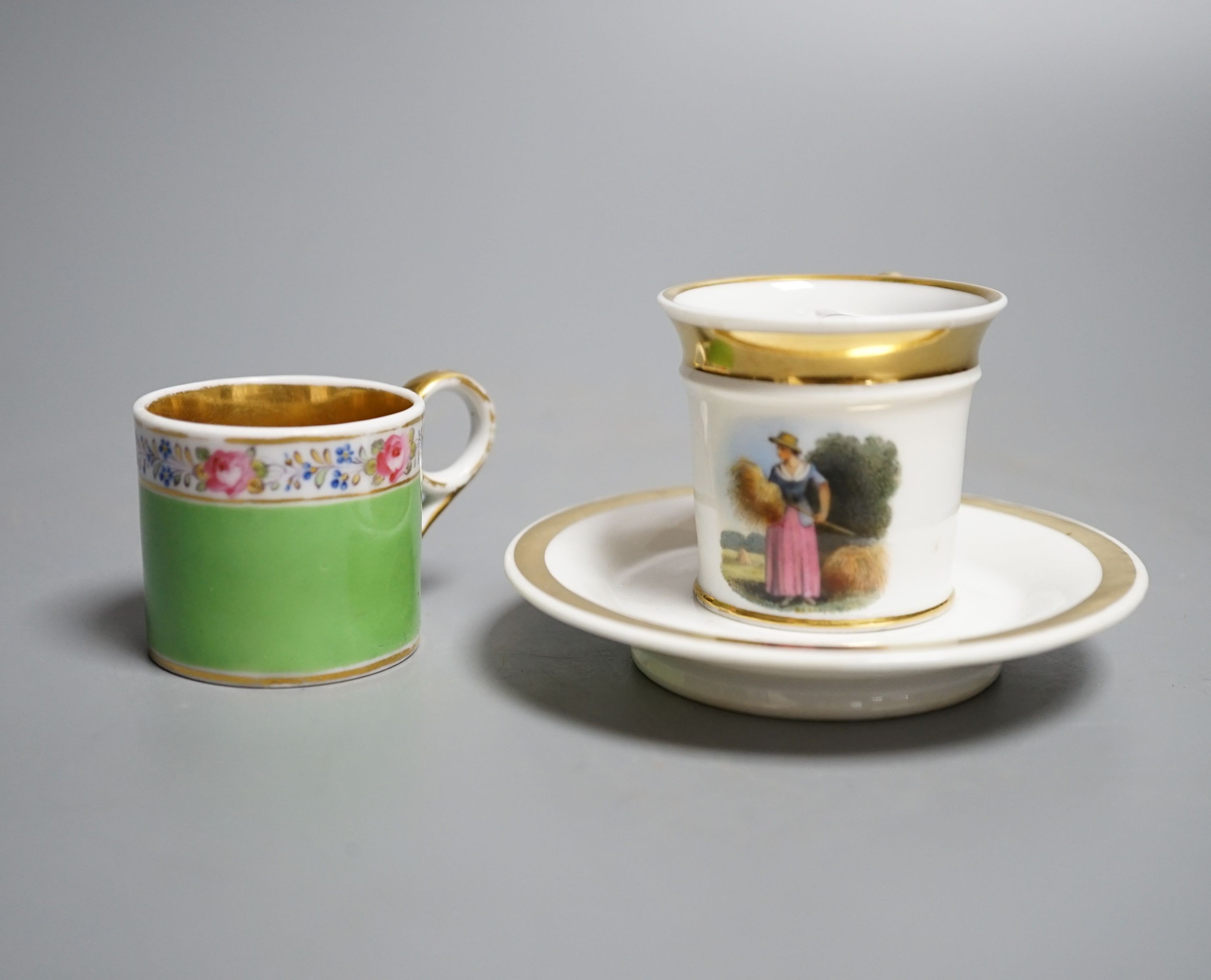 A Chamberlain Worcester miniature Can and Saucer and another Can, c.1820, Provenance - Mona Sattin collection of miniature cups and saucers, collection no.s 99 and 100.